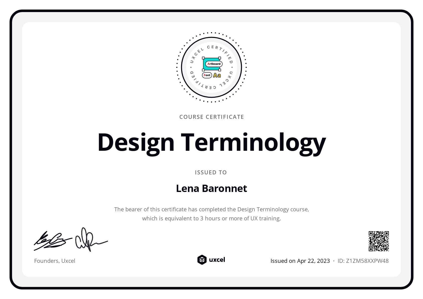 Lena Baronnet's certificate